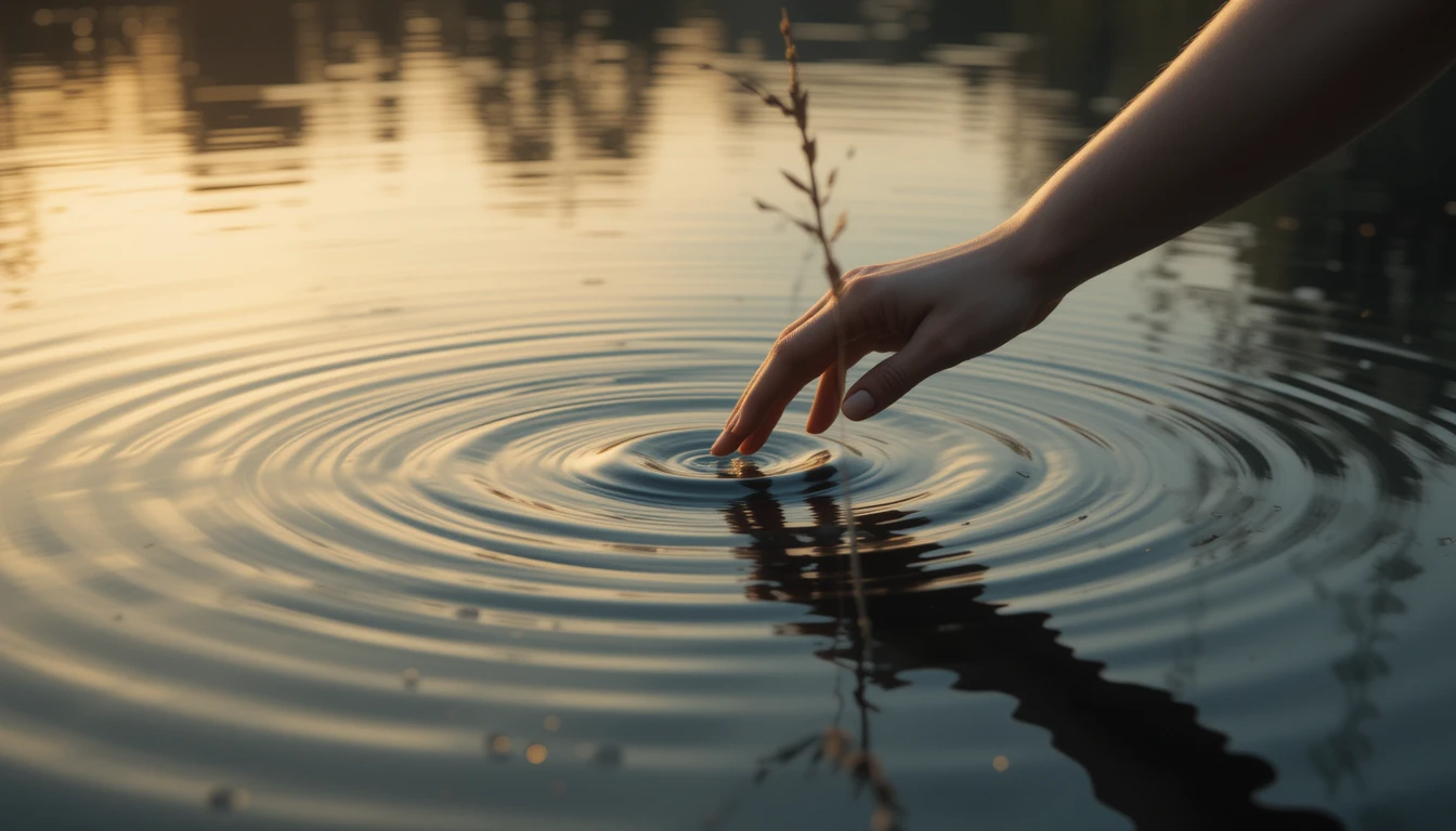 A soft feminine hand gently touches the surface of still water, creating delicate ripples in the golden light of sunset.
