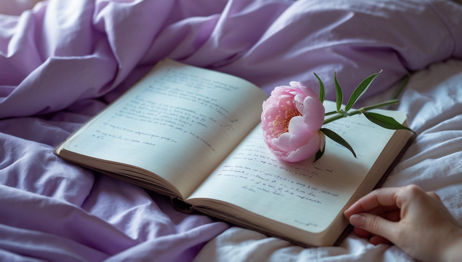 Open journal resting on lilac bedding, handwritten reflections on the pages, with a soft pink peony placed on top and a feminine hand nearby