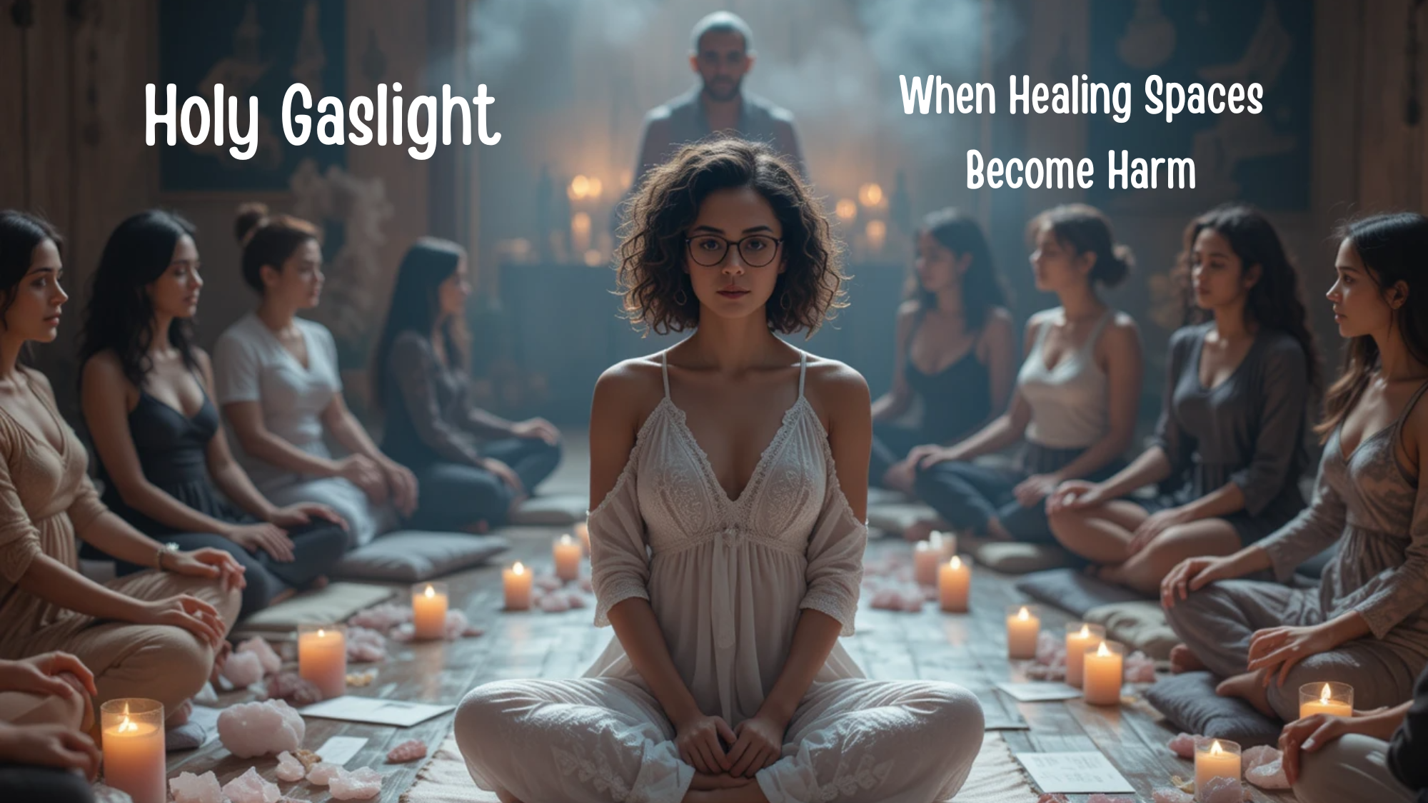 A woman sits in the center of a candlelit spiritual circle with calm confidence, while a male teacher stands behind her and women sit silently on both sides. Text on image reads: "Holy Gaslight – When Healing Spaces Become Harm."