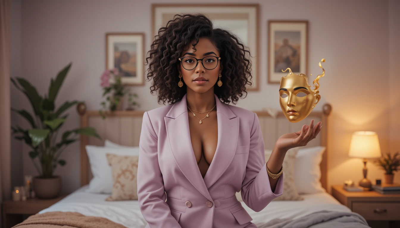 A confident young Afro-Latina woman with curly hair and glasses sits gracefully in a soft-toned bedroom, holding a golden mask mid-air, symbolizing the release of impostor syndrome.