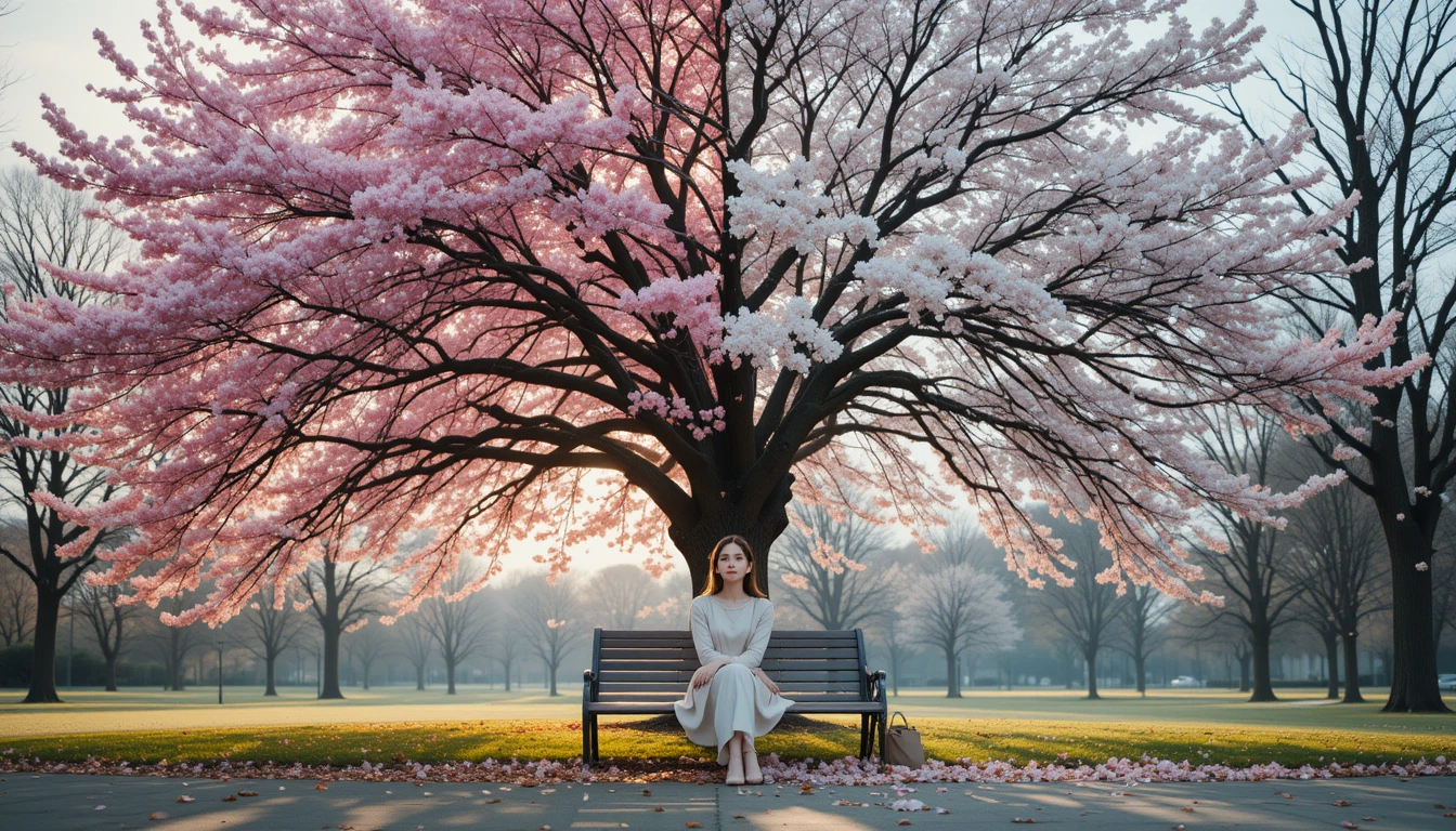 A woman in a light dress sits quietly on a bench beneath a large tree blooming with both pink and white flowers, symbolizing duality and balance. The morning light filters through the branches in a peaceful park.