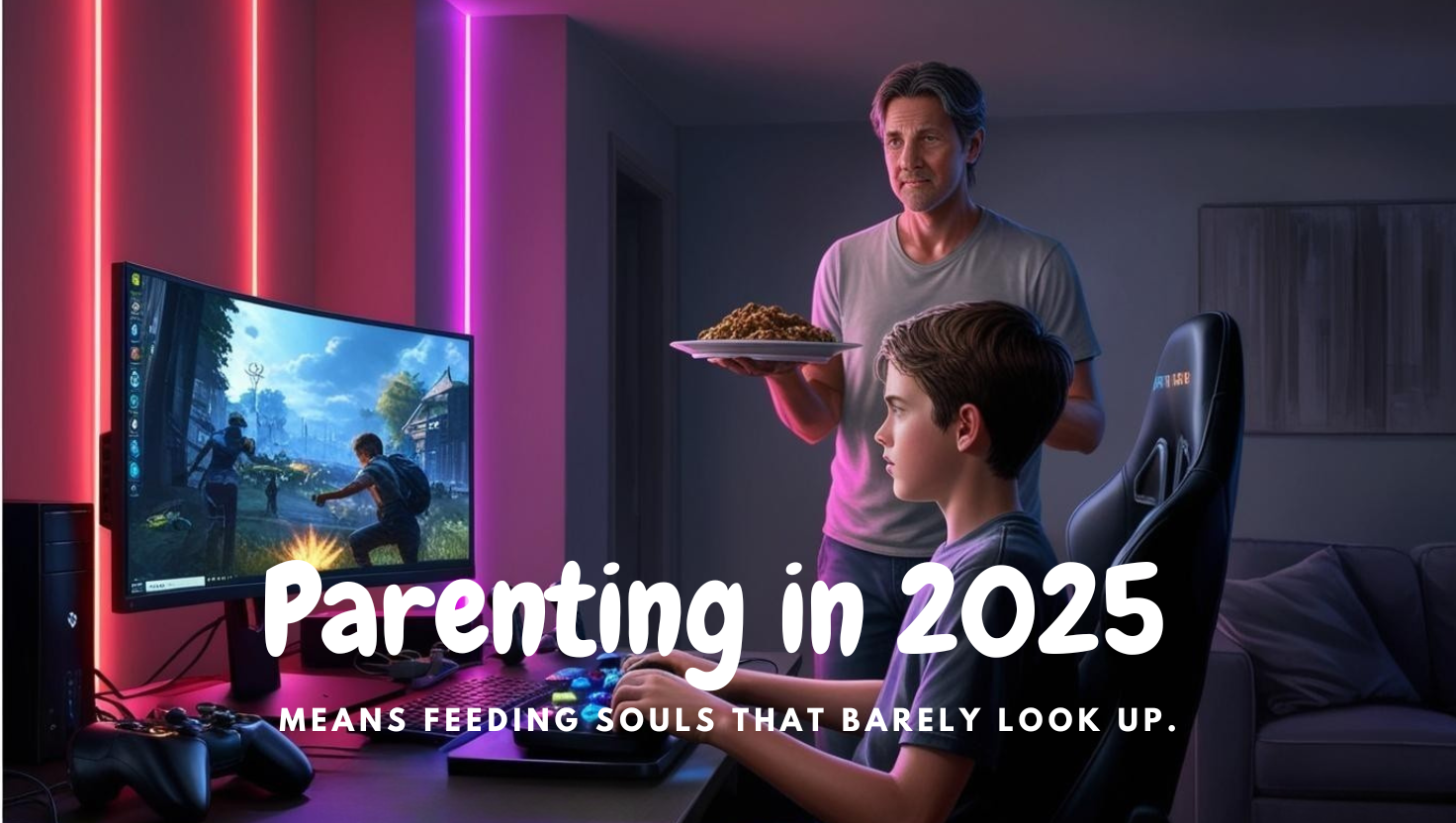 A father holds a plate of food while standing behind his teenage son, who is absorbed in a video game. Neon lights glow around the room, highlighting the emotional distance and quiet dedication of modern parenting.
