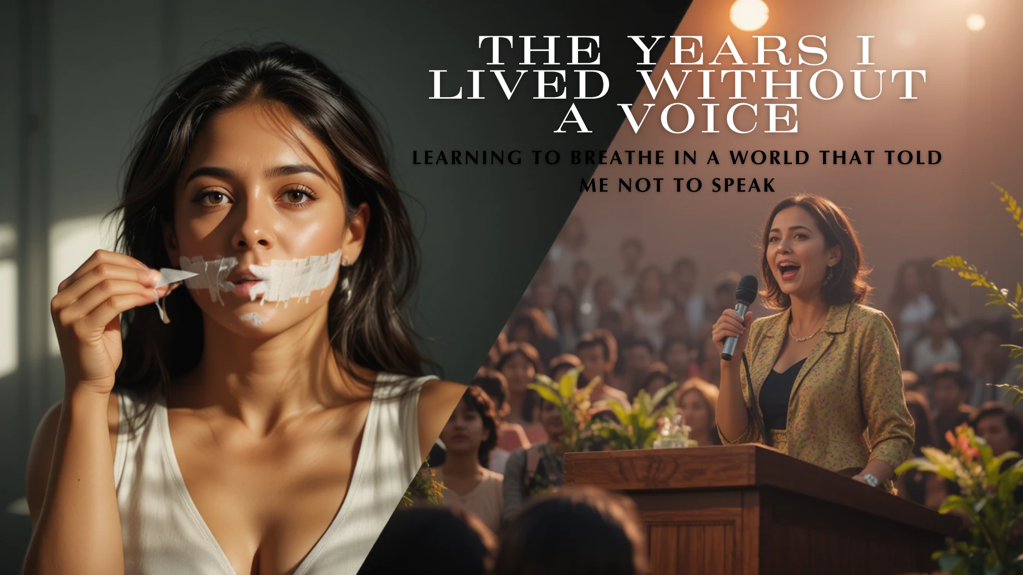 A split-scene image: on the left, a young Latina woman with tape being removed from her mouth, symbolizing years of silence; on the right, she confidently speaks at a podium in front of a supportive crowd, representing the reclaiming of her voice.