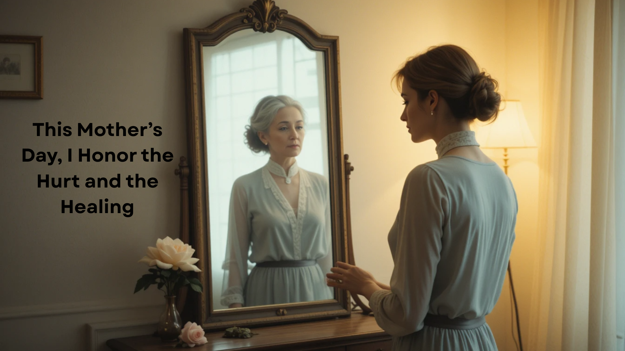 A young woman stands quietly before a vintage mirror, seeing the reflection of an older woman with gray hair—suggesting a symbolic connection between generations and the emotional complexities of motherhood.