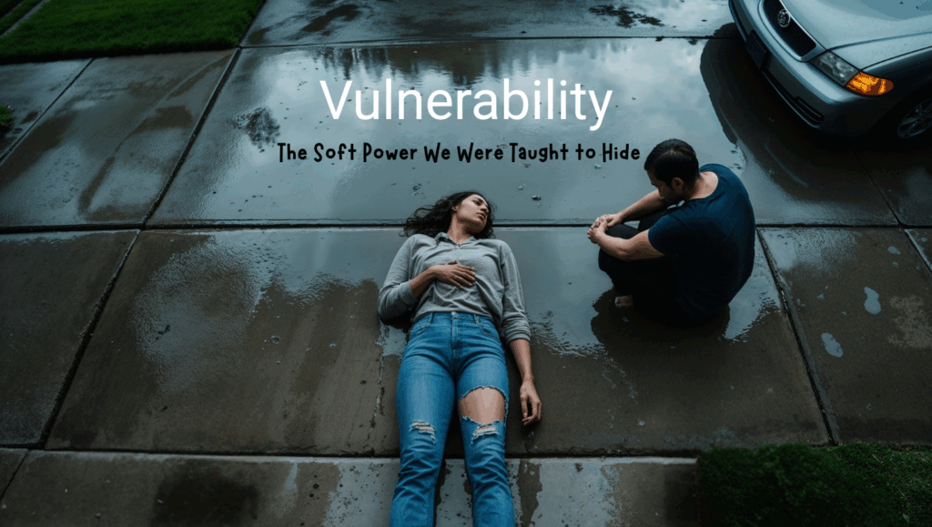 A woman lies on a rain-soaked sidewalk with her hand on her chest, eyes closed, while a man sits quietly nearby in reflection. The scene captures emotional vulnerability, quiet support, and raw presence after a storm.