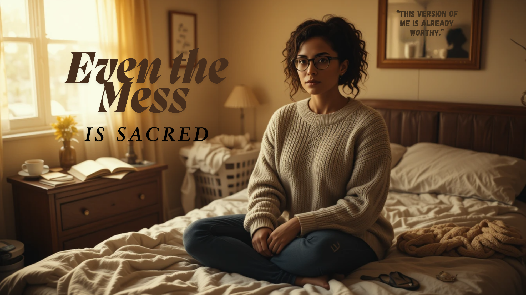 Woman sitting cross-legged on a bed in a softly lit, slightly messy bedroom, surrounded by books and laundry, reflecting the quiet, sacred truth of real self-love.