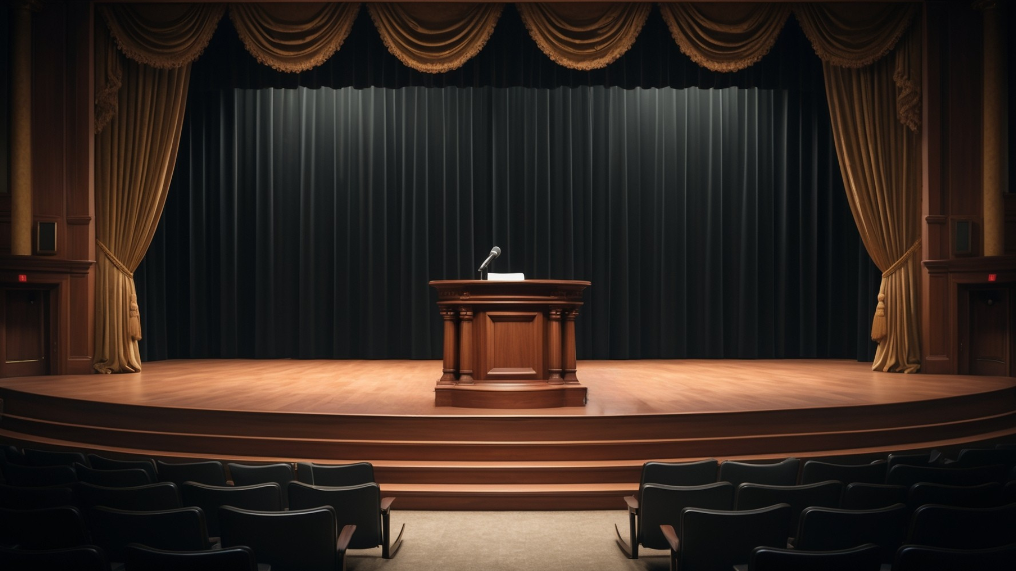 Empty auditorium stage with elegant black and gold curtains, centered around a single wooden podium and microphone, viewed from the aisle between empty chairs.
