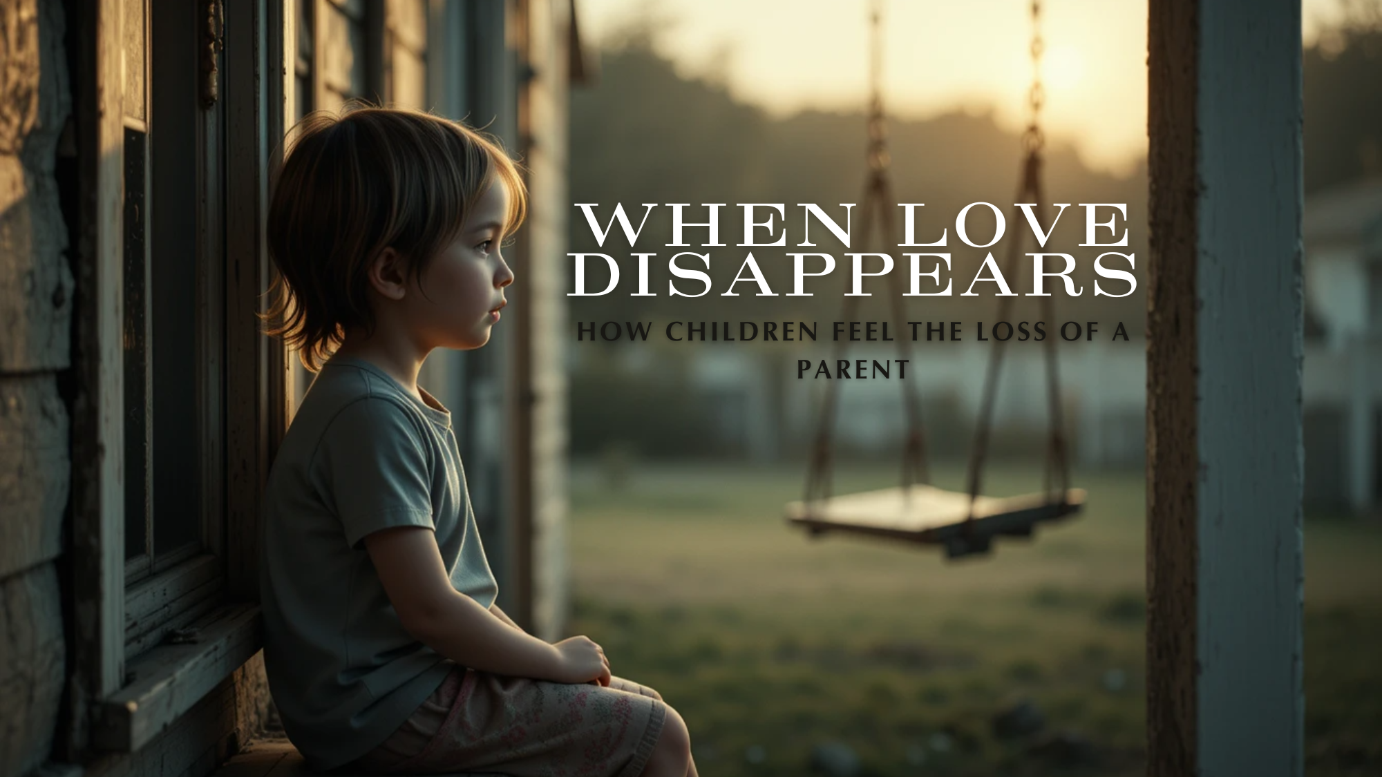 A young child sits quietly on a wooden porch at sunset, gazing into the distance with a solemn expression. An empty swing hangs in the blurred background, evoking a sense of absence and emotional stillness.