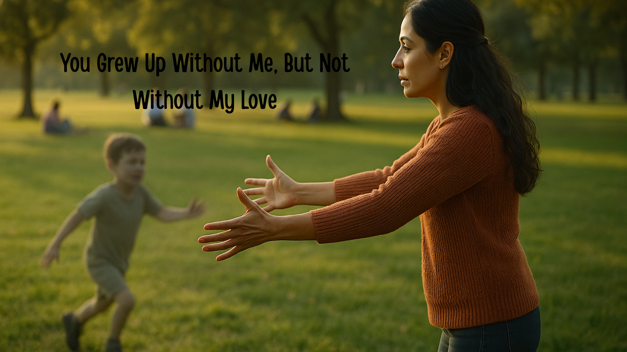 A Latina mother stands in an open park, reaching out with open arms toward a dimly colored child in the distance who is running toward her. They never connect, symbolizing emotional separation.
