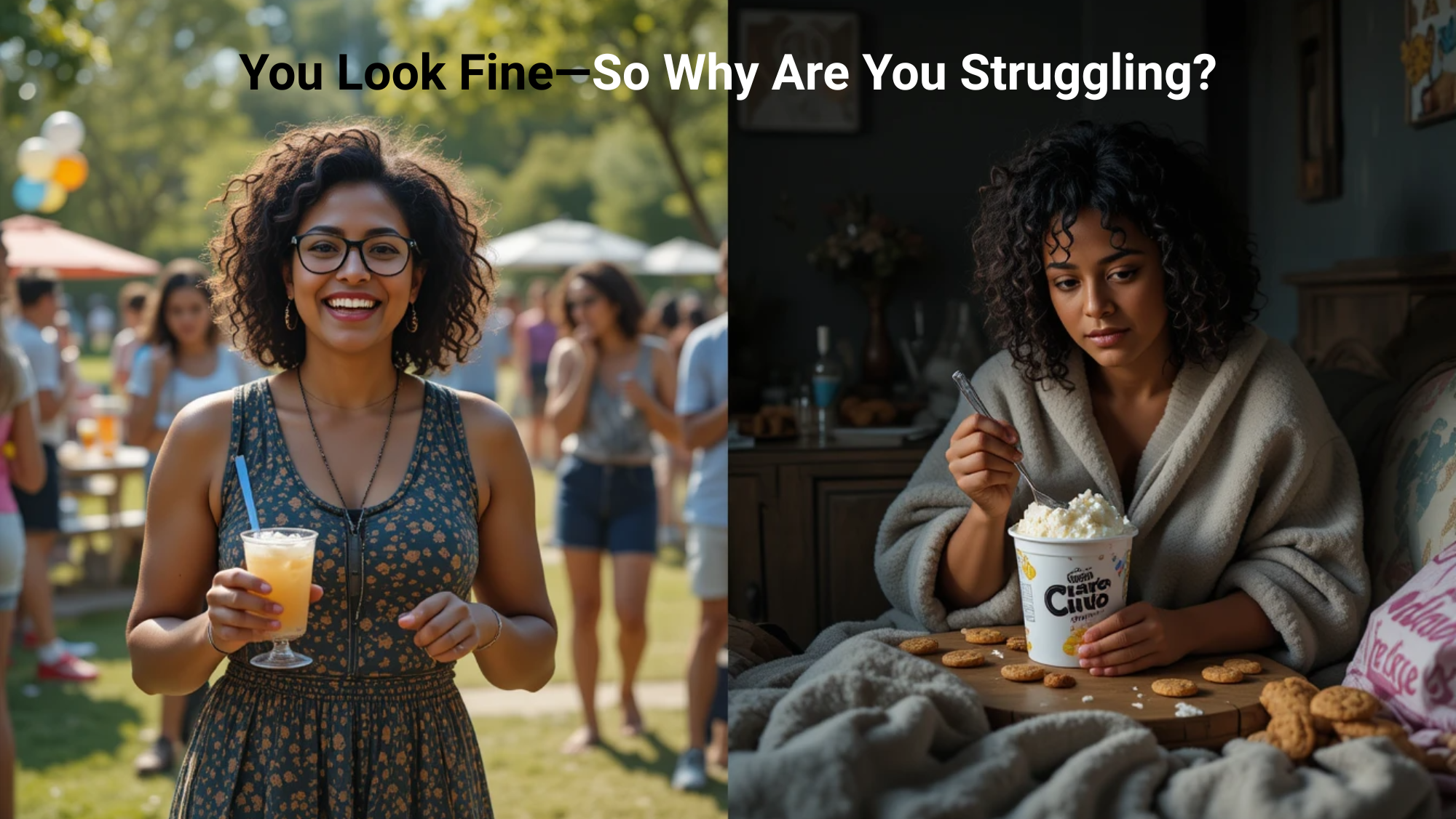 Split-scene of a young woman smiling confidently at an outdoor event on the left, and the same woman sitting quietly at home in a robe with snacks on the right, reflecting the contrast between outward appearance and internal struggle.