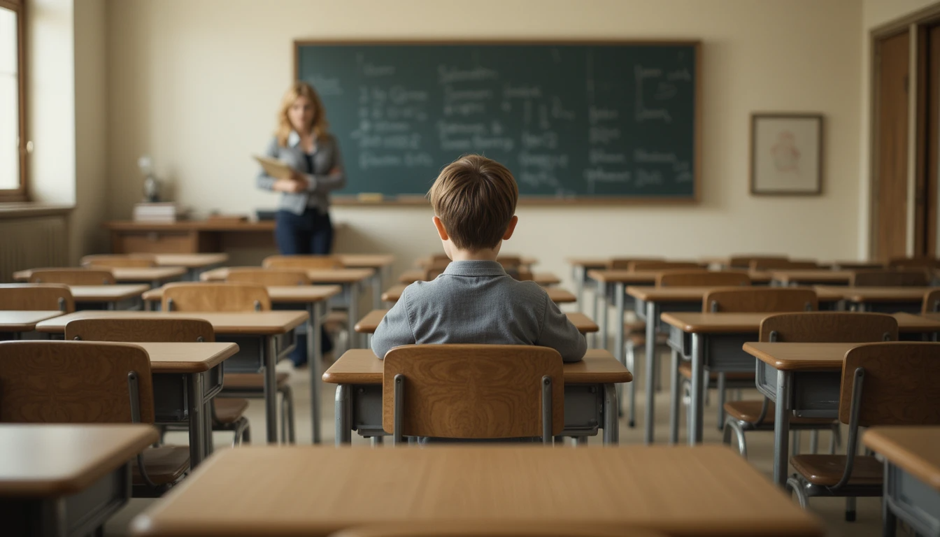Young boy sitting alone in an empty classroom, facing forward, with a stern female teacher blurred in the background near the chalkboard.