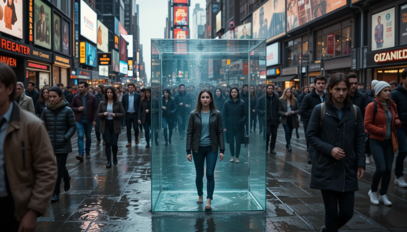 A young woman stands in the middle of a crowded New York City street, fully submerged in water inside an invisible tank. While the city bustles around her, she remains expressionless, isolated in her own silent struggle, symbolizing high-functioning depression.
