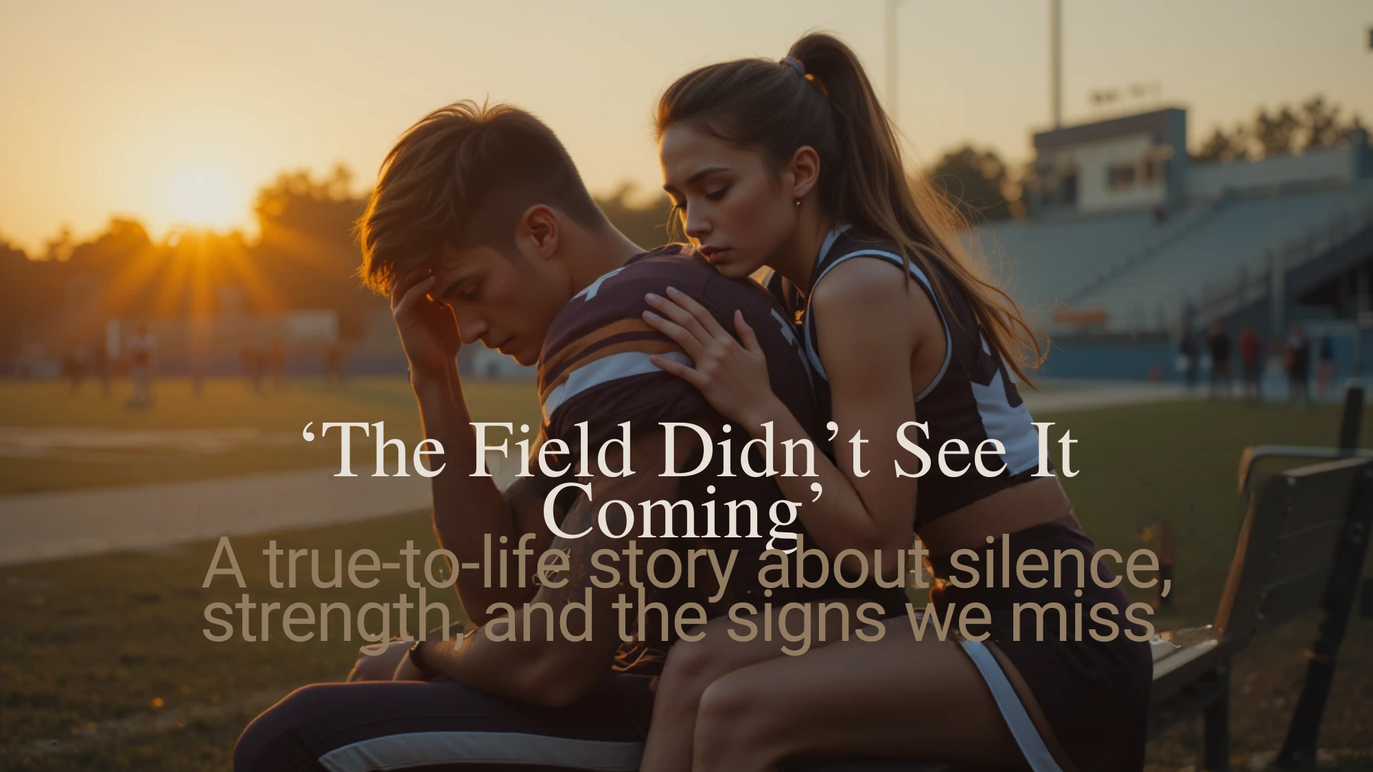 A high school football player sits on a bench with his head in his hands as a cheerleader rests her hand supportively on his shoulder during sunset — a moment of quiet concern and unseen symptoms.
