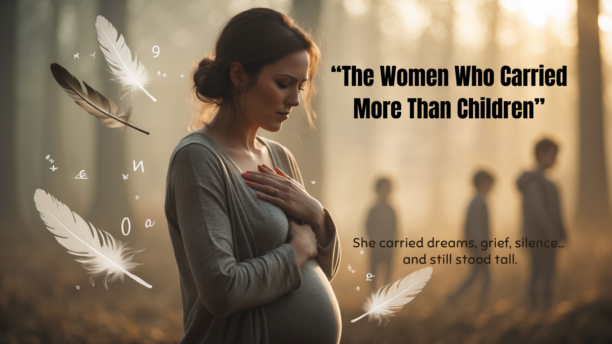Pregnant woman in forest with feathers, symbolizing grief, healing, and motherhood.