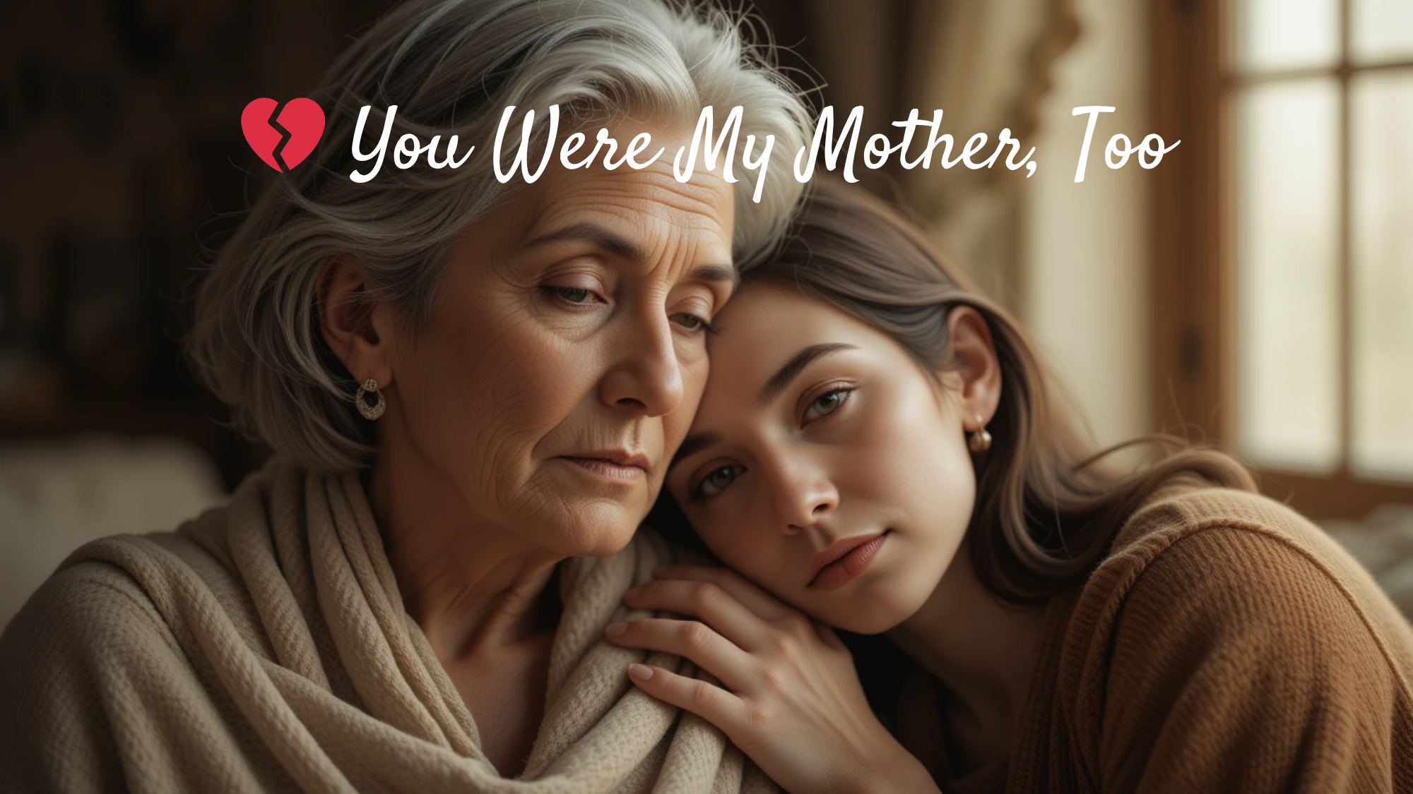 A grieving younger woman leans gently against the shoulder of an older woman with silver hair, both seated indoors near a softly lit window. Their expressions are somber, intimate, and reflective, capturing the emotional weight of maternal love and loss.