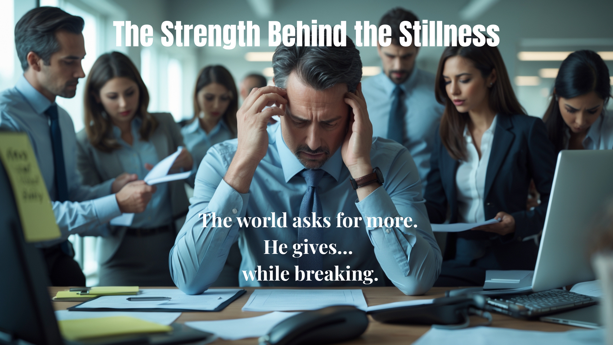 A man in a crowded office holds his head in stress while surrounded by colleagues, reflecting silent emotional pressure and unspoken mental strain.