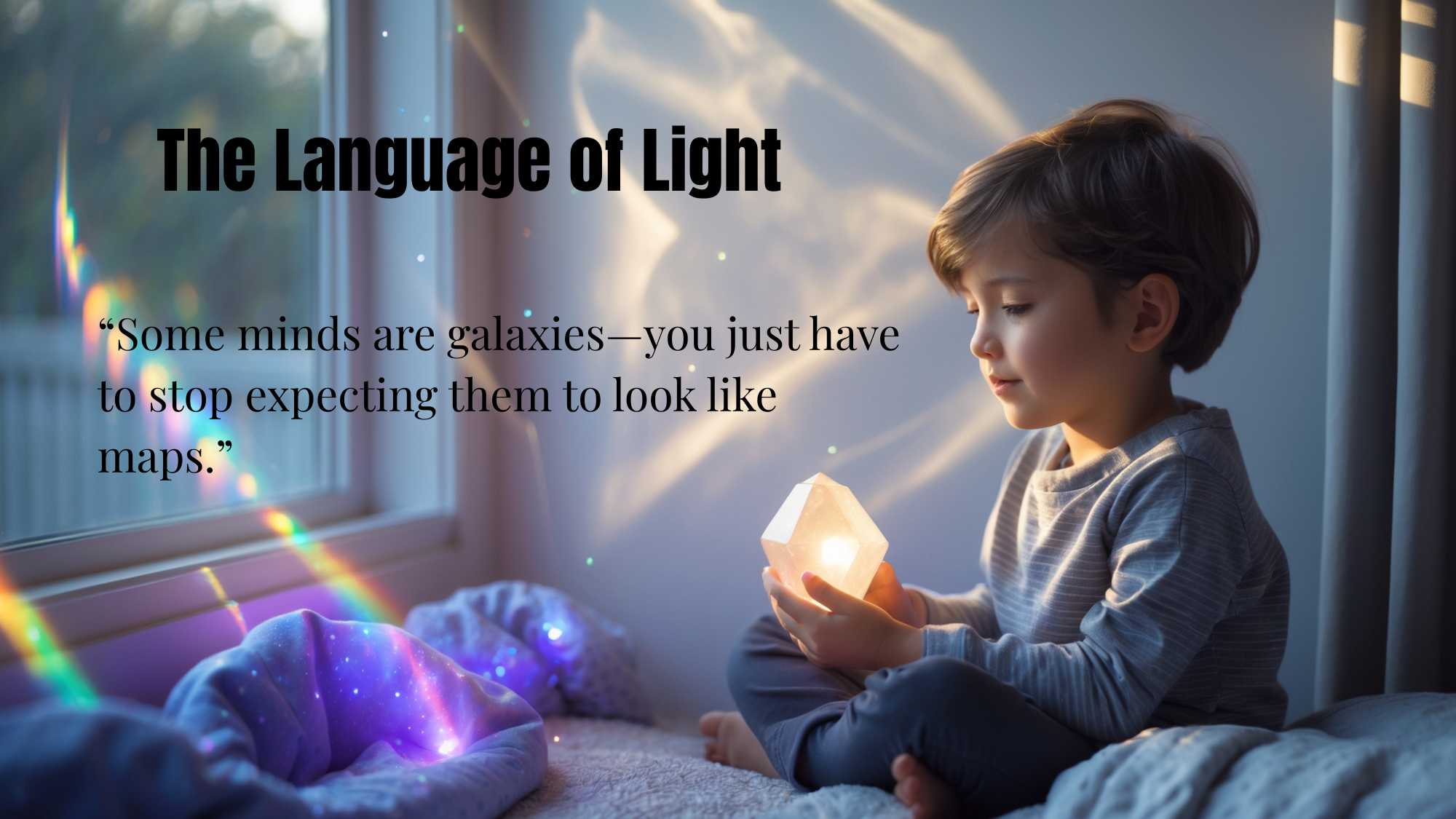 A young neurodivergent boy holding a glowing crystal by a window, with rainbow light reflections surrounding him—symbolizing the beauty and brilliance of unseen minds.