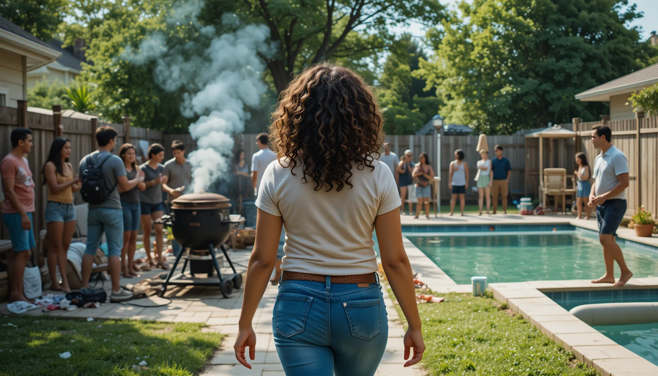 A Hispanic woman with curly hair and glasses walks toward a crowded backyard pool party where smoke rises from a chaotic barbecue scene; her back is to the camera, symbolizing a conscious move toward disorder while calm spaces linger on the quiet side.