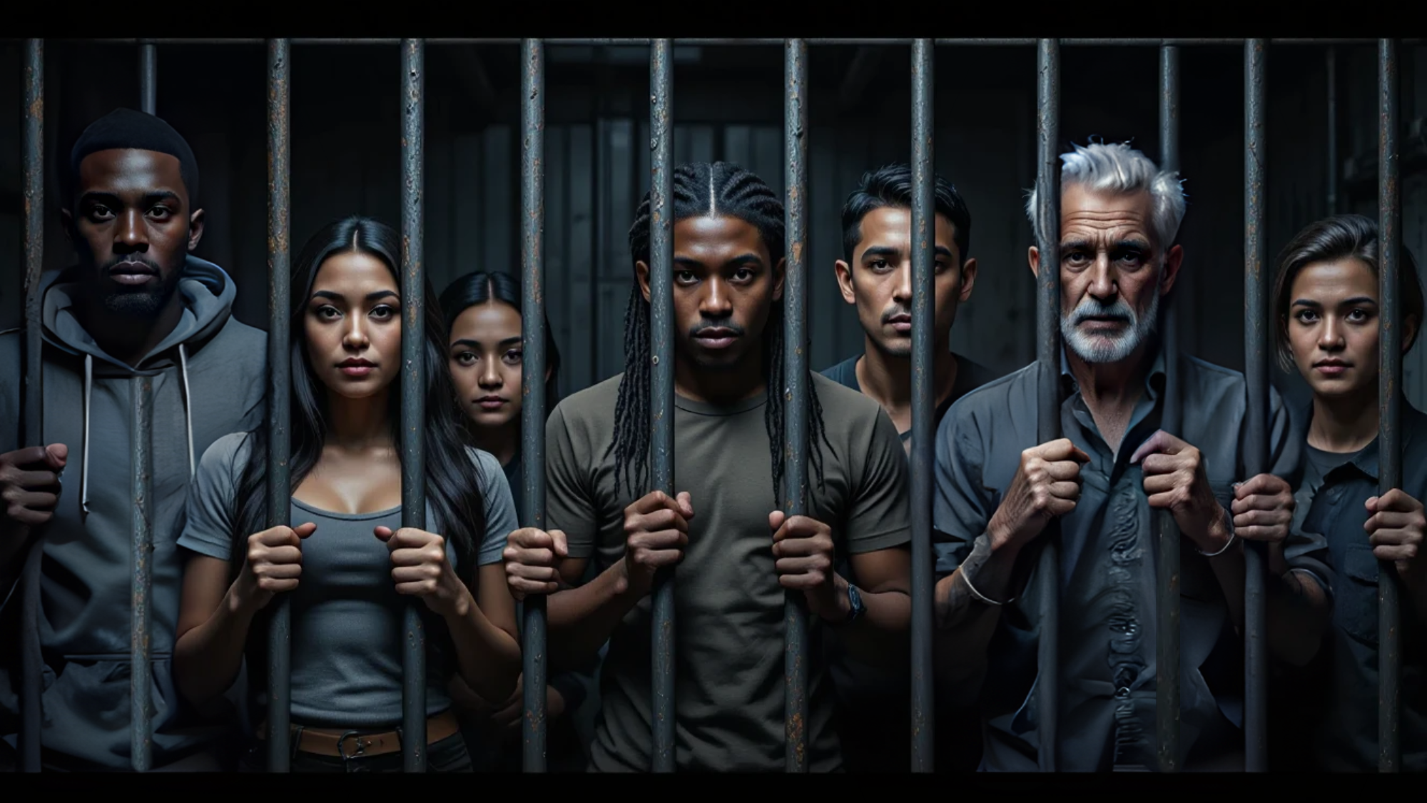 A diverse group of individuals of different races and genders shown behind prison bars, symbolizing the emotional and societal impact of incarceration in America.