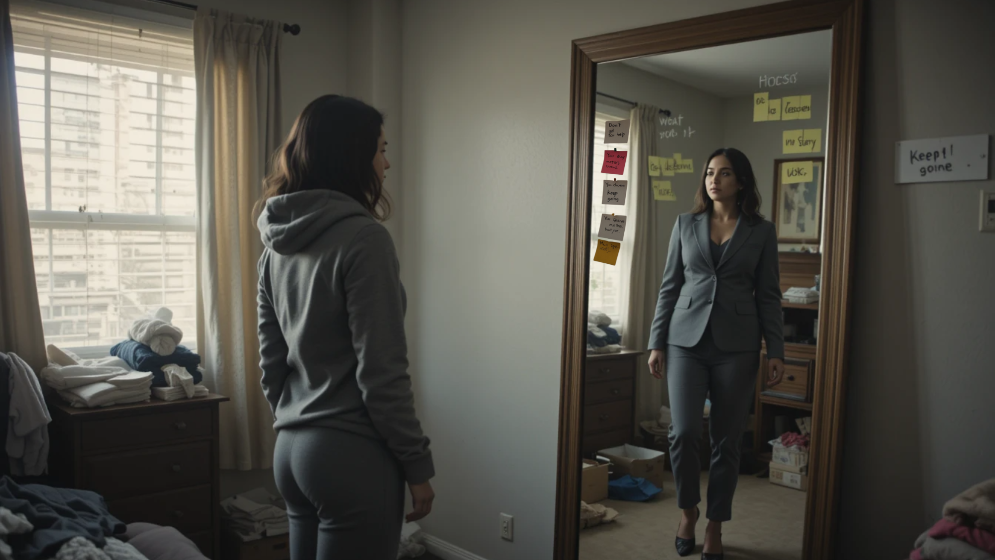 A woman in a hoodie stands in a humble room, gazing at her reflection—who wears a crisp suit—capturing the contrast between survival and success, identity and aspiration.