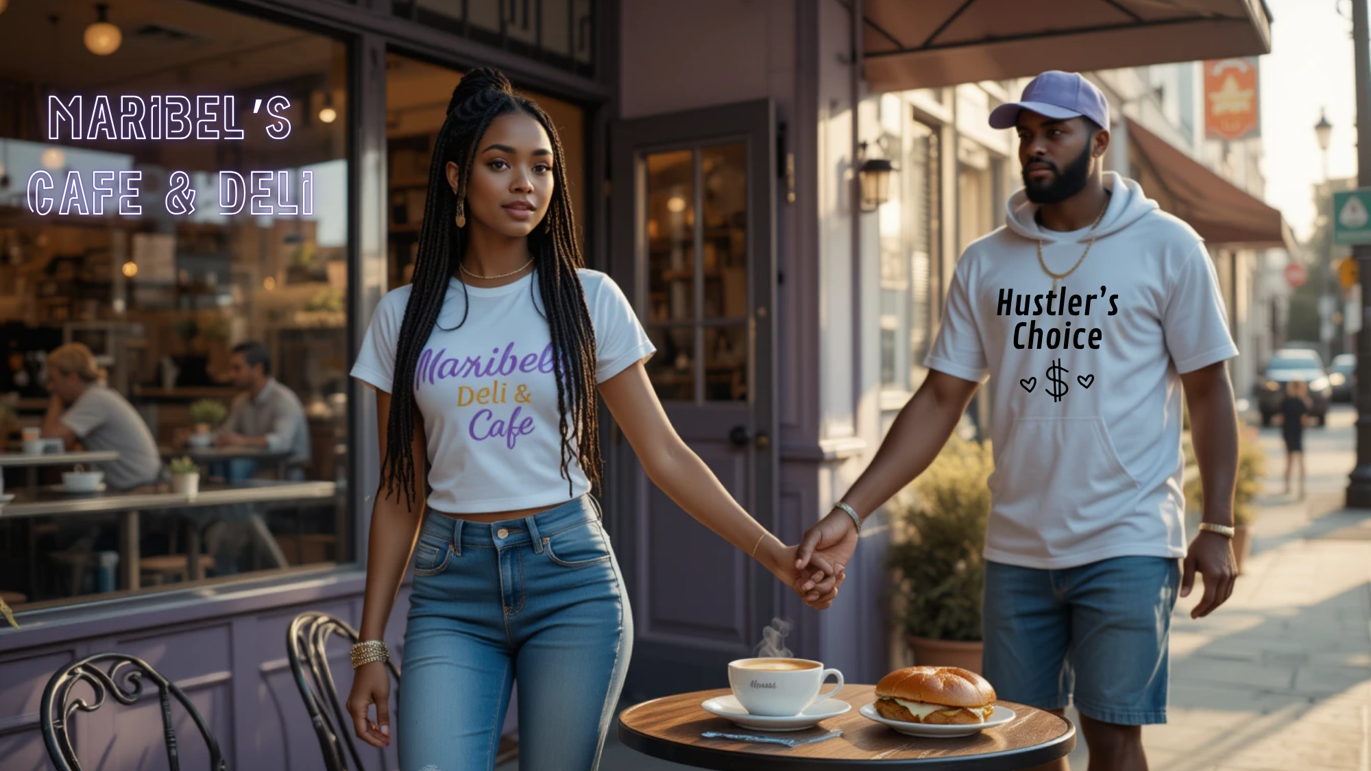 A Dominican-American woman with long braids, wearing a white “Maribel’s Deli & Café” T-shirt and jeans, walks past a small lavender café table with coffee and a sandwich, while a biracial man in casual streetwear and a cap walks beside her. The café behind them reads “Maribel’s Café & Deli.”