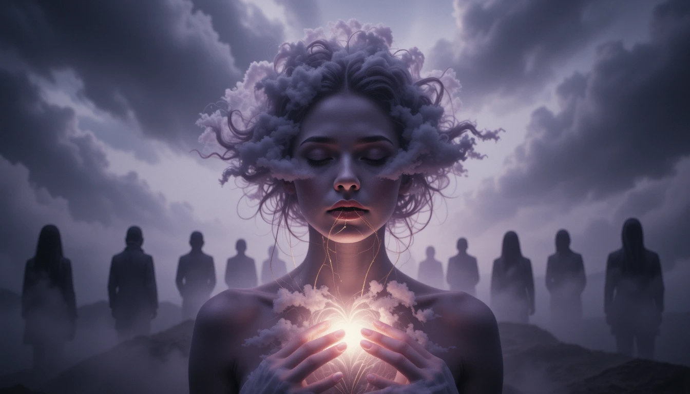 A solemn woman with storm clouds as hair and golden threads stitching her lips shut, cradling a glowing light at her chest, surrounded by shadowy ancestral figures in a dark, misty sky.