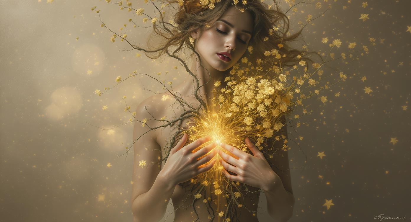 A surreal artistic portrait of a Latina woman with curly hair, sitting in stillness as delicate green vines and flowers grow from her chest, symbolizing emotional healing after fear.