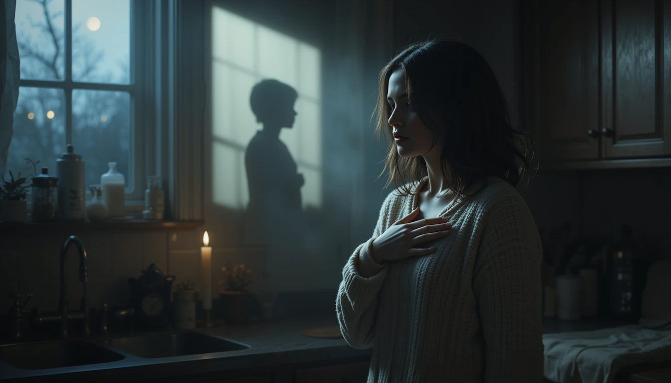 A young woman stands quietly in a dimly lit kitchen at night, one hand resting on her chest. A candle on the counter glows softly, casting the shadow of a child on the wall behind her. A full moon is visible through the window, illuminating the quiet scene with gentle melancholy.