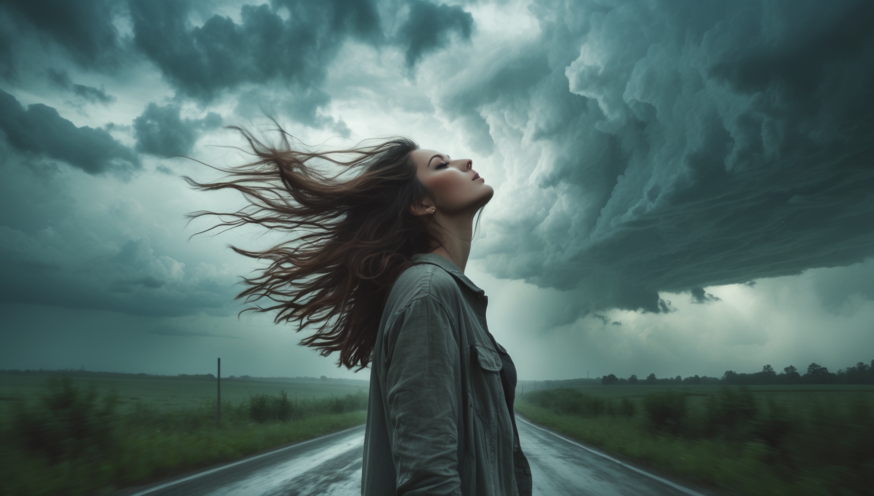 A young woman stands alone in a windswept field under a stormy sky, facing away from the camera, her dress and hair caught in the wind — symbolizing inner chaos and resilience.