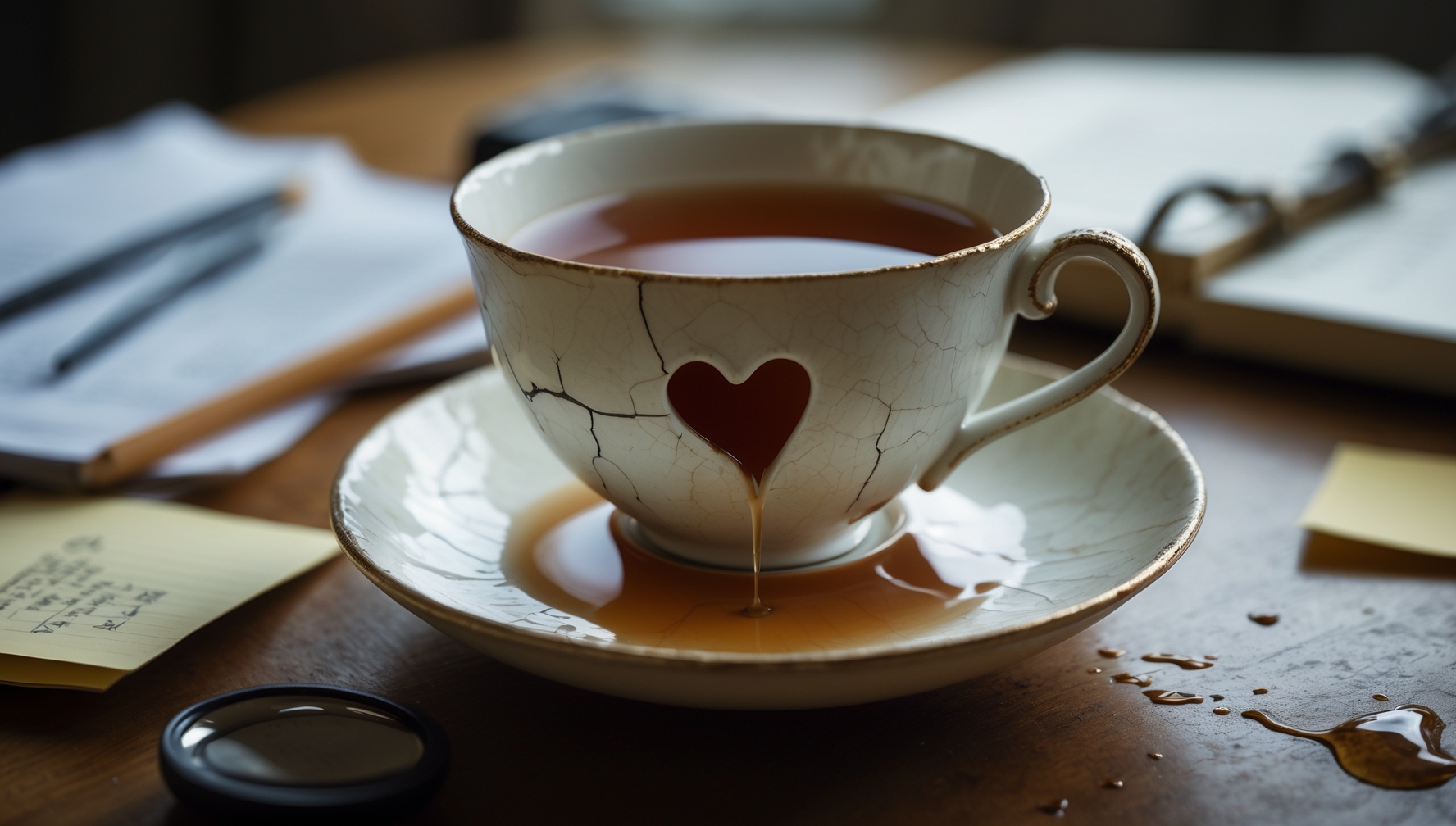 A cracked porcelain teacup with a heart-shaped hole spills coffee onto a saucer and wooden desk, symbolizing emotional exhaustion and caregiver burnout.