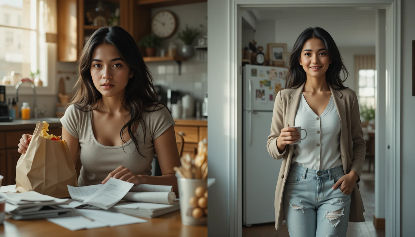 Split image of a woman experiencing two sides of life—on one side, she's surrounded by bills and groceries in a modest kitchen; on the other, she's standing confidently with a coffee in a peaceful home, symbolizing the emotional contrast between survival and stability.