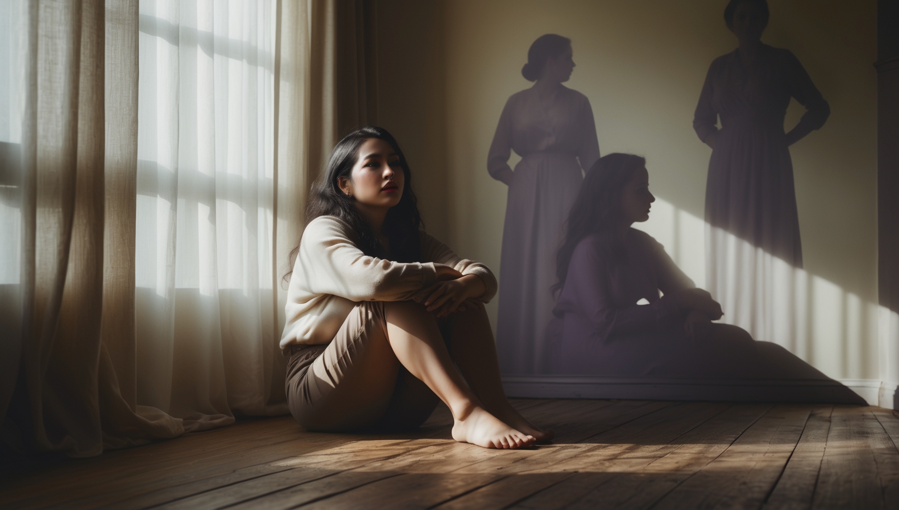 Young woman sitting in sunlight with soft ancestral shadows behind her, symbolizing emotional inheritance and generational silence.