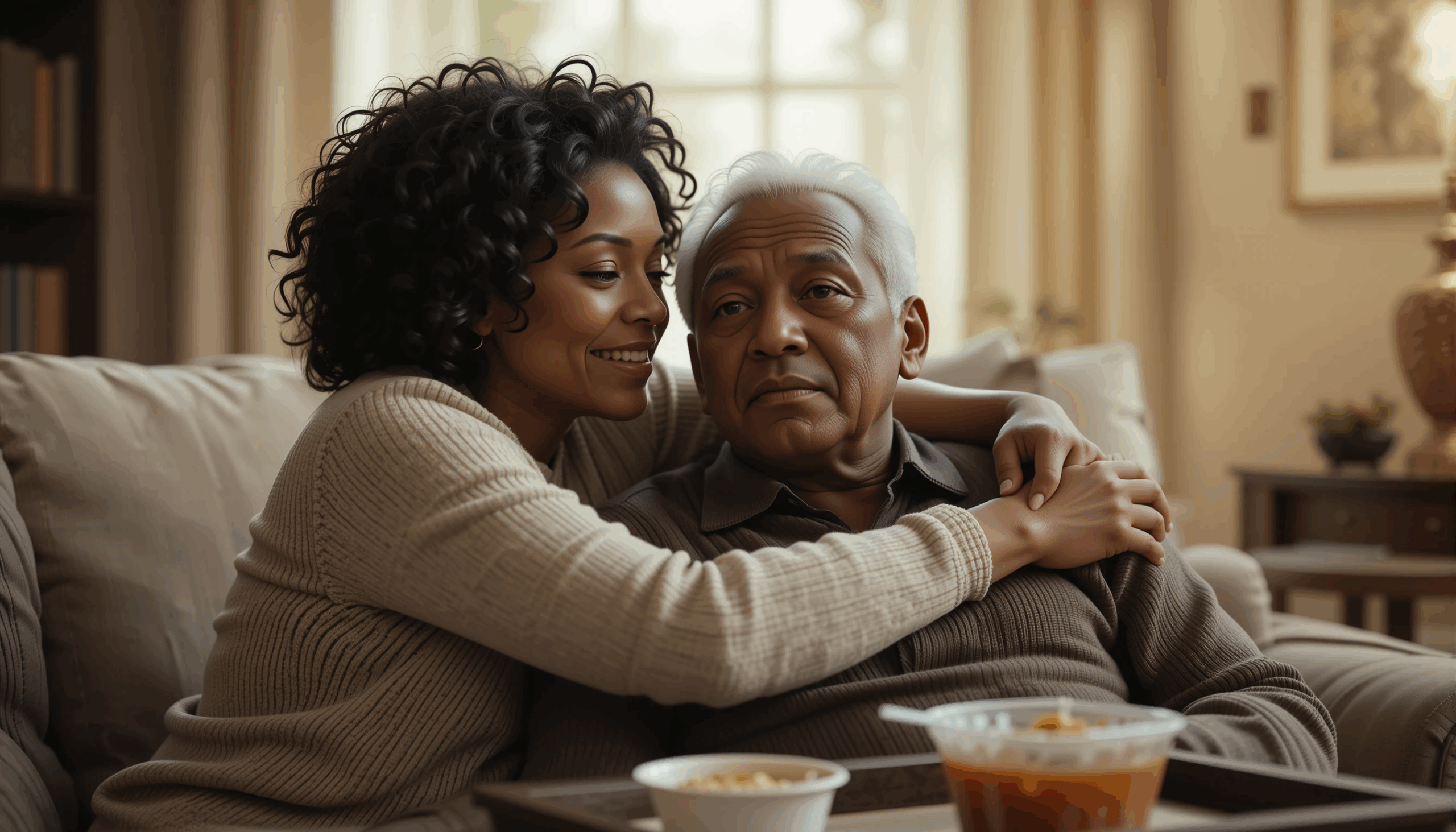 Middle-aged Black woman hugging elderly Black man with a distant expression, sitting together on a living room couch with food nearby—symbolizing dementia caregiving and emotional disconnection.