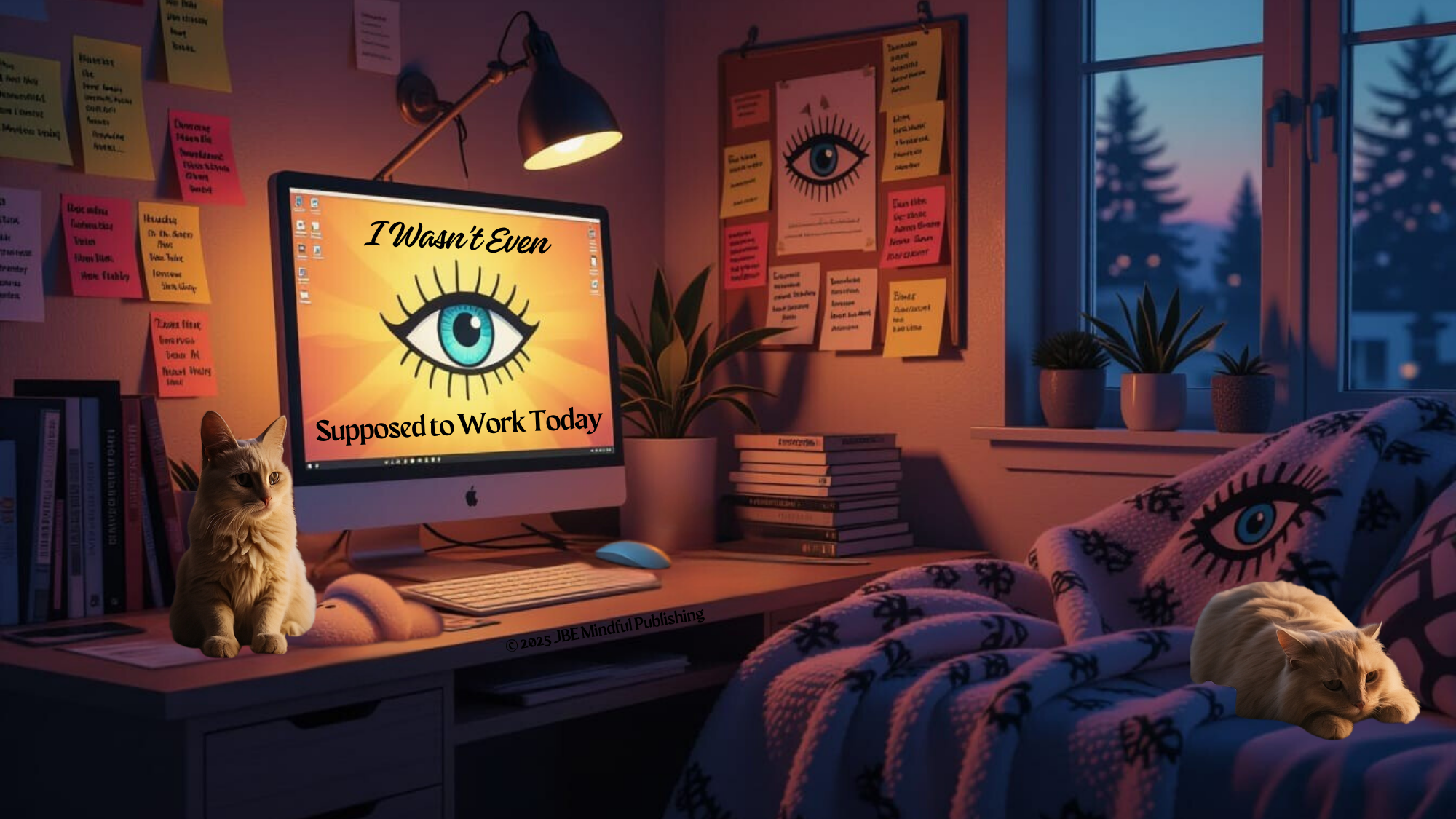 Cozy late-night workspace with cats, a computer screen displaying an eye and the words ‘I wasn’t even supposed to work today,’ surrounded by post-it notes, books, and a symbolic evil eye blanket under a warm lamp glow.