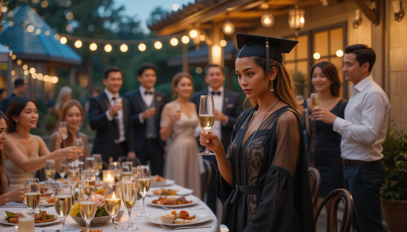 Young woman of color in graduation gown holding a champagne glass during an outdoor family celebration, glancing away thoughtfully under warm string lights.